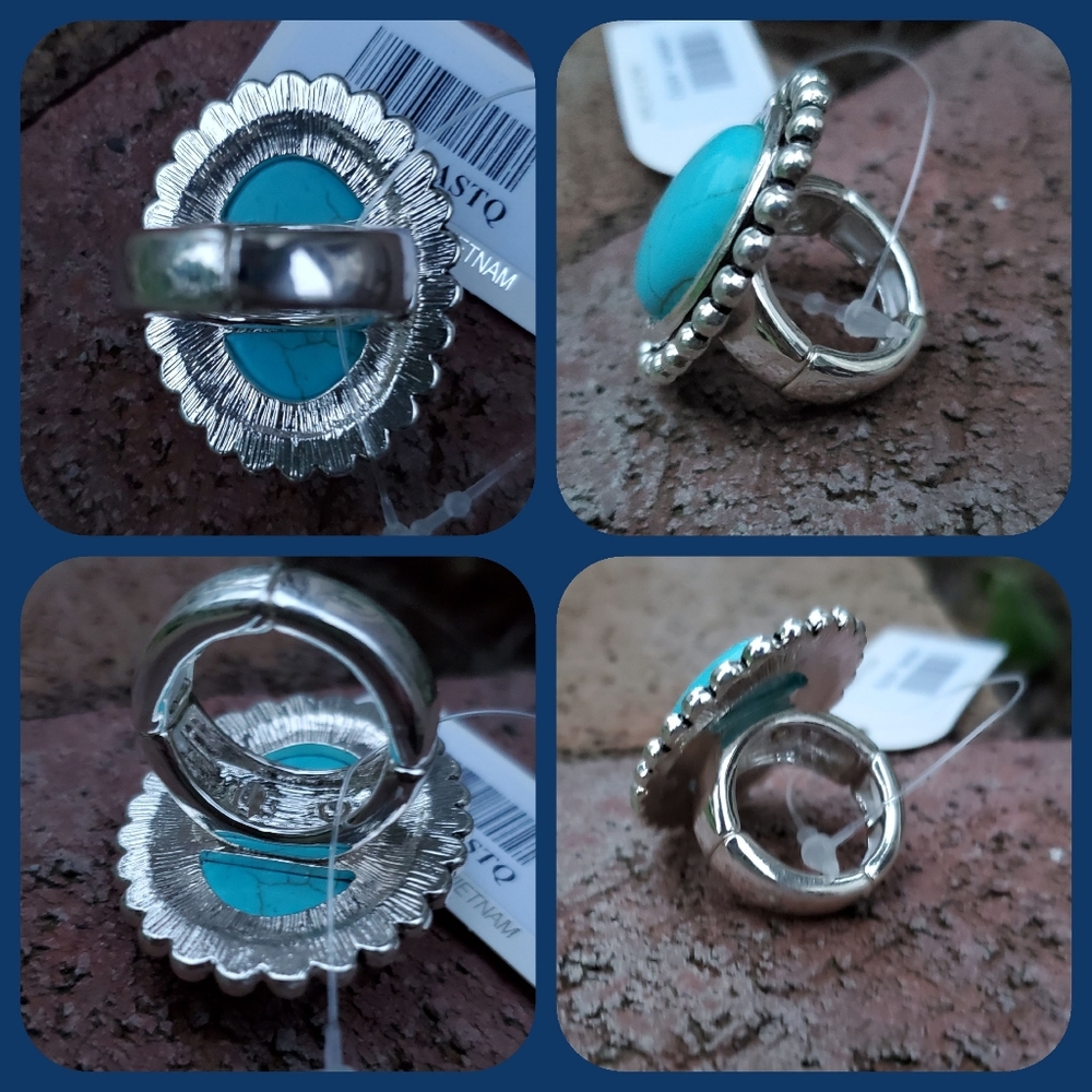Free Spirit Boho Native South Western People Faux Turquoise Oval Beaded Ring nwt - Picture 5 of 15
